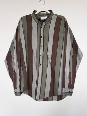 Vintage 90s Impact Striped Button Down Shirt Men's Large Earth Tone Goblincore